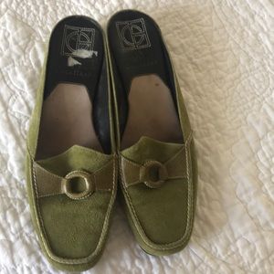 Cole Haan green suede mules.
